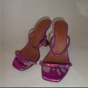 Amina Muaddi Vibrant Pink Heels with Crystal Accents